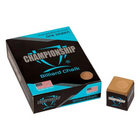Box of Championship Billiard Chalk with a single piece of chalk on a white background