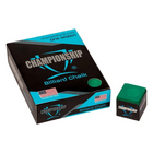 Box of Championship Billiard Chalk with a single piece of green chalk on a white background