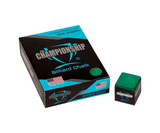 Box of Championship Billiard Chalk with a single piece of green chalk on a white background