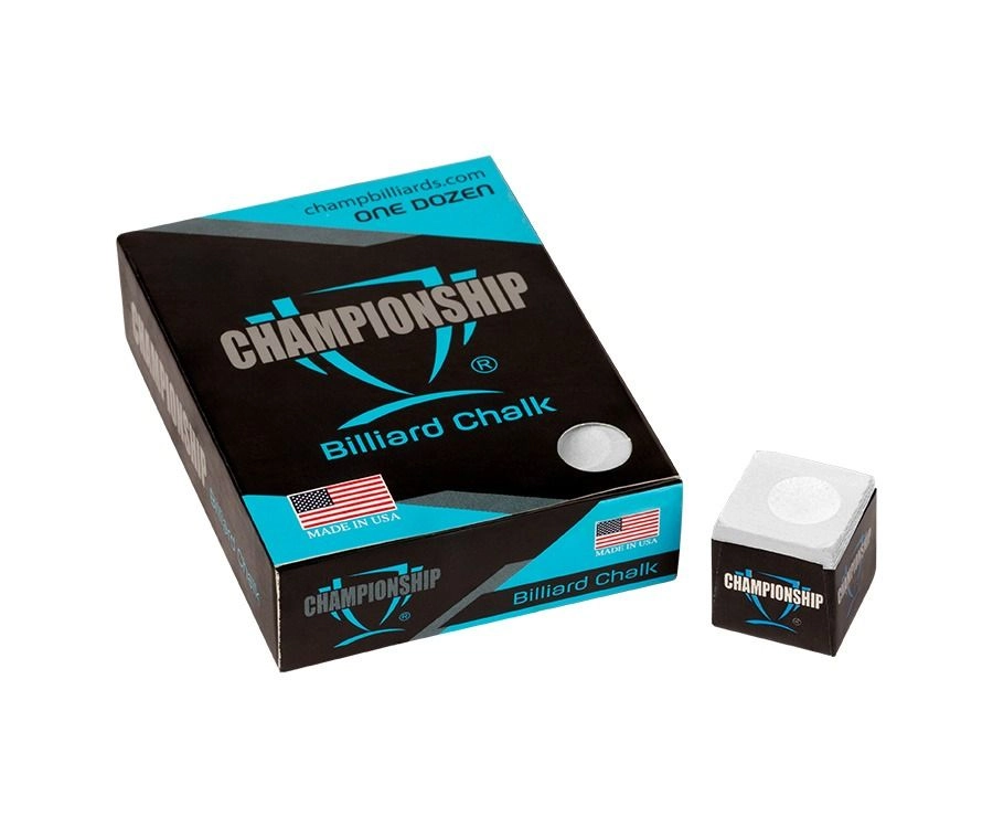 Box of Championship Billiard Chalk with a single piece of chalk on a white background