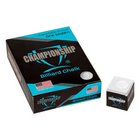 Box of Championship Billiard Chalk with a single piece of chalk on a white background