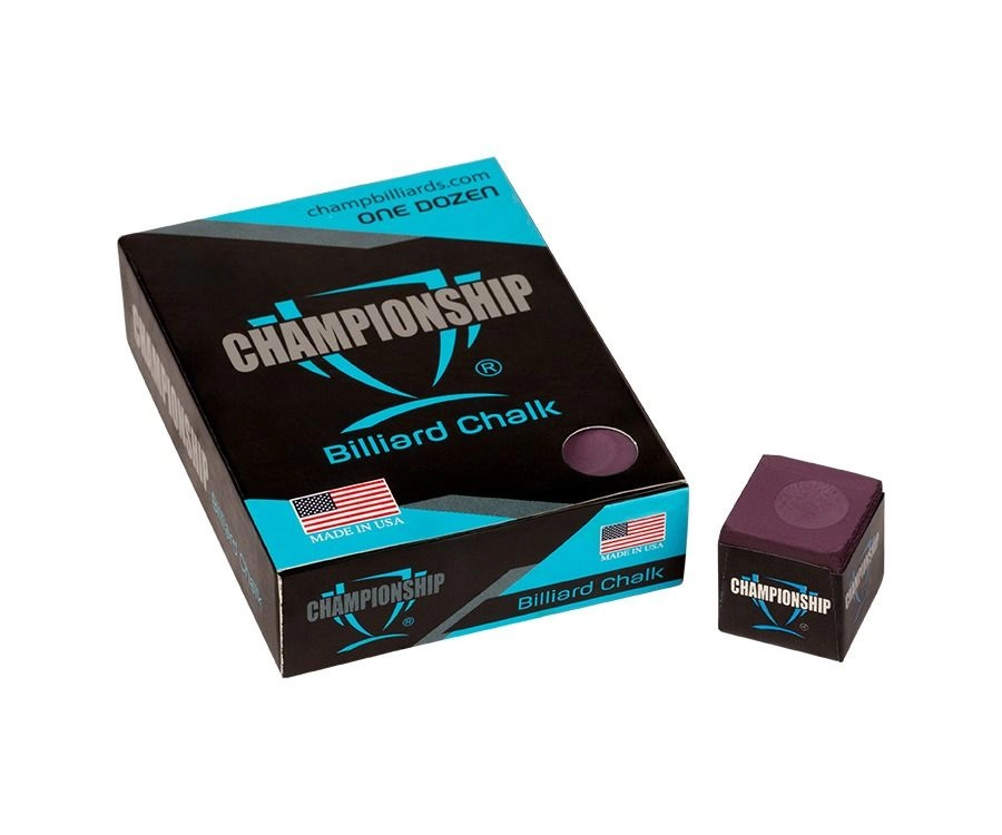 Box and cube of Championship Billiard Chalk on a white background