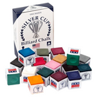 Silver Cup Billiard Chalk boxes in various colors with a large box in the background.