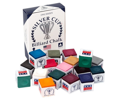 Silver Cup Billiard Chalk boxes in various colors with a large box in the background.