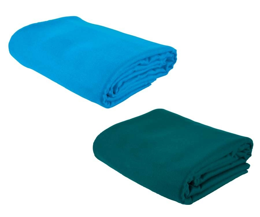 Two folded fleece blankets, as vibrant as Simonis 860 High Resistance Billiard Table Cloth, on white.