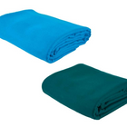 Two folded fleece blankets, as vibrant as Simonis 860 High Resistance Billiard Table Cloth, on white.