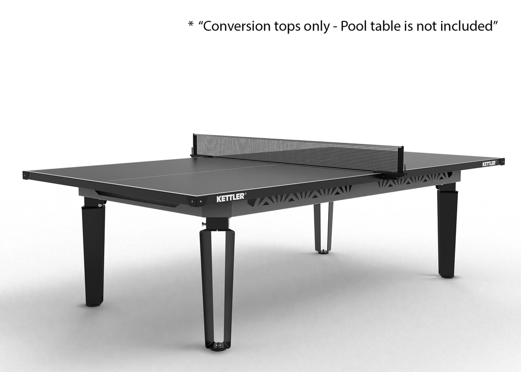 A black KETTLER conversion table shown from an elevated angle on a light gray background, with a text overlay at the top stating '* Conversion tops only - Pool table is not included'.