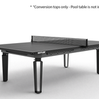 A black KETTLER conversion table shown from an elevated angle on a light gray background, with a text overlay at the top stating '* Conversion tops only - Pool table is not included'.