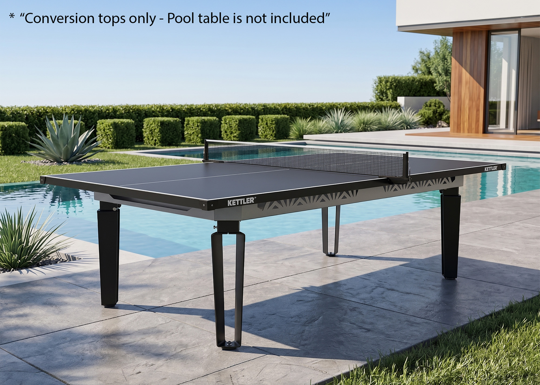 A Kettler outdoor pool table with a black playing surface and dark metal legs, positioned next to a swimming pool on a stone patio. The image includes a text overlay at the top stating '*Conversion tops only - Pool table is not included' to clarify that the listing is for the conversion tops only.