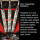 Darts with tungsten barrels on a target background, text explaining the benefits of tungsten.