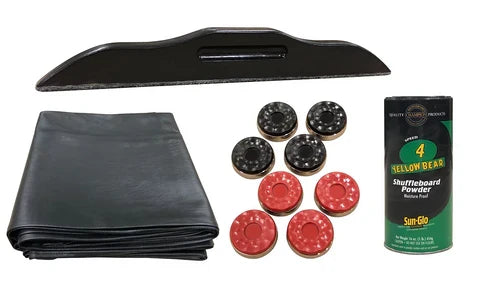 Accessorize your Quest 14' Shuffleboard Table: cover, premium pucks, powder, and brush.