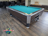 A Valley Panther Dakar Ebony pool table with green felt stands in a game room.