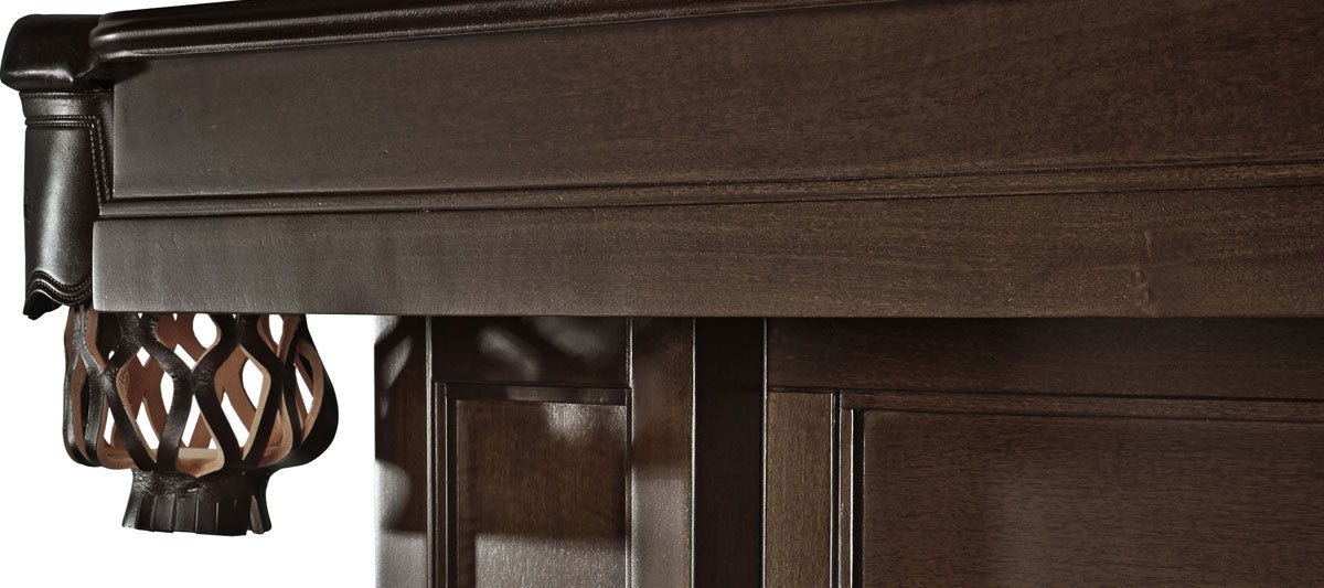 Close-up of a Brunswick Billiards OAKLAND II 8' Pool Table corner pocket with leather netting.