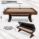 Pool table with dimensions and bench storage feature on a white background