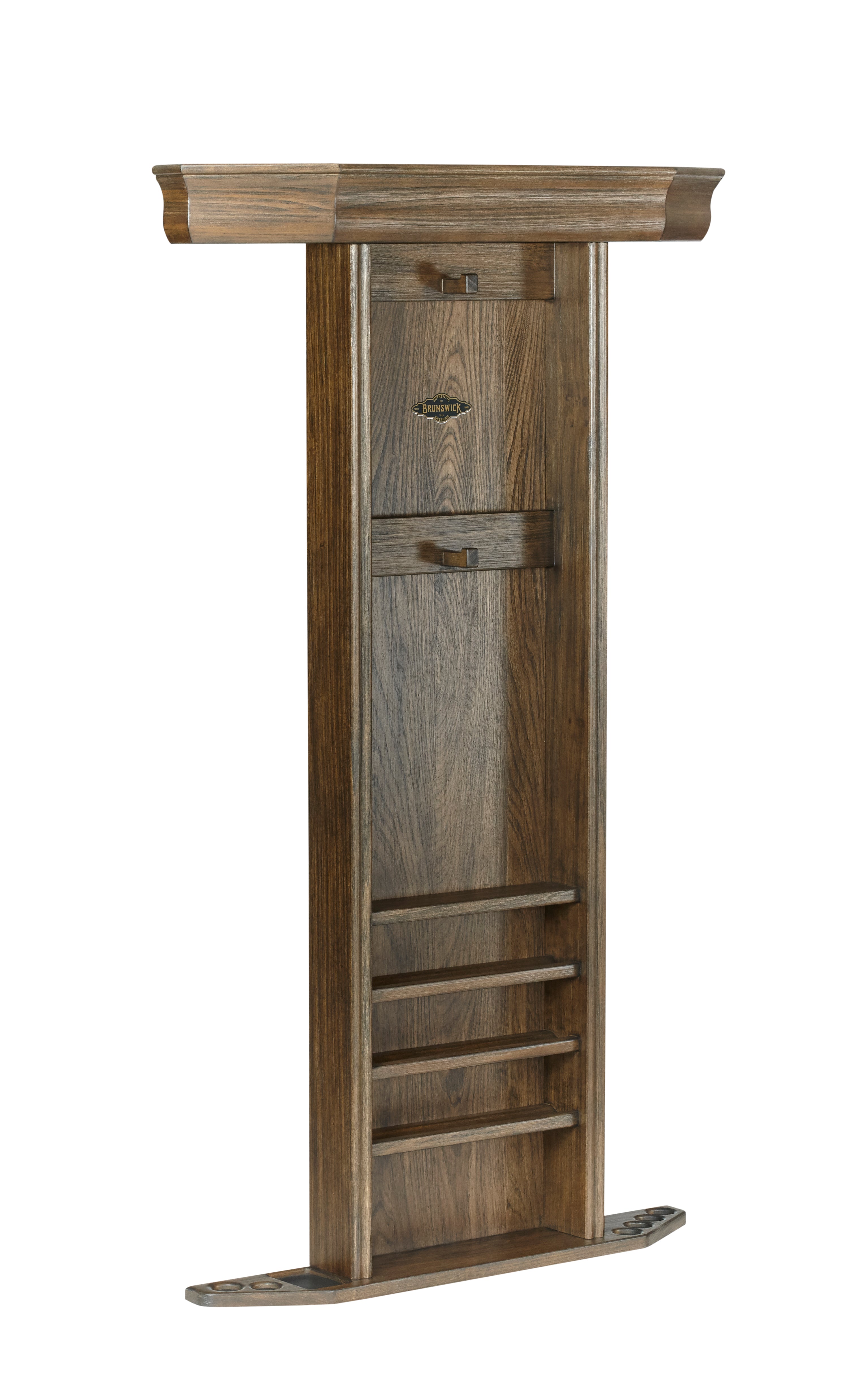Brunswick Heritage Wall Rack by Brunswick Billiards in coffee finish, shown against white background.