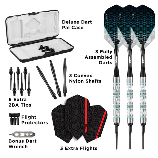 Dart set with components including a case, darts, shafts, tips, and flight protectors on a white background.