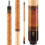 Pool cue with decorative bands and a brand logo on a white background