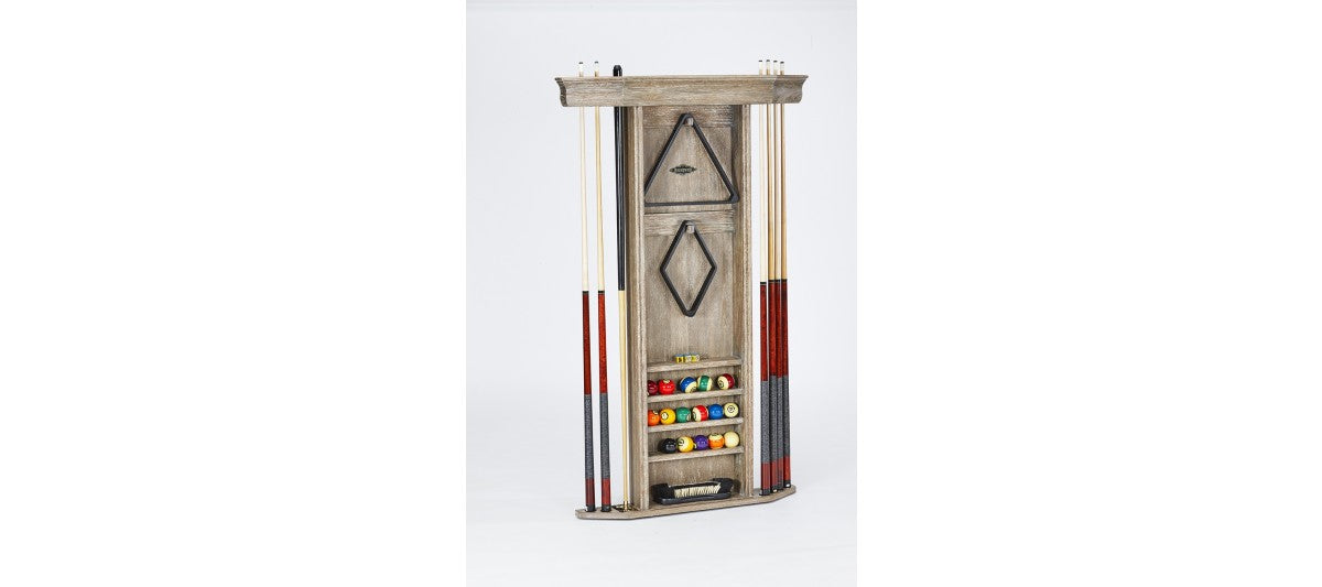 Brunswick Heritage Wall Rack by Brunswick Billiards neatly holds cues, balls, chalk, and triangle.