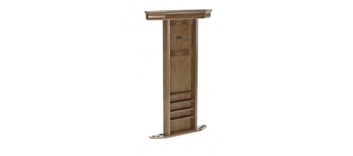 Brunswick Heritage Wall Rack by Brunswick Billiards in Rustic Dark Brown with shelves and crown molding.