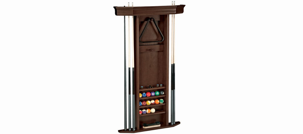 Brunswick Heritage Wall Rack by Brunswick Billiards holds cues, balls, chalk, triangle, and more.