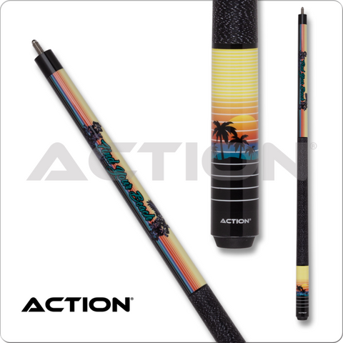 Pool cue with tropical design and 'Action' branding on a white background