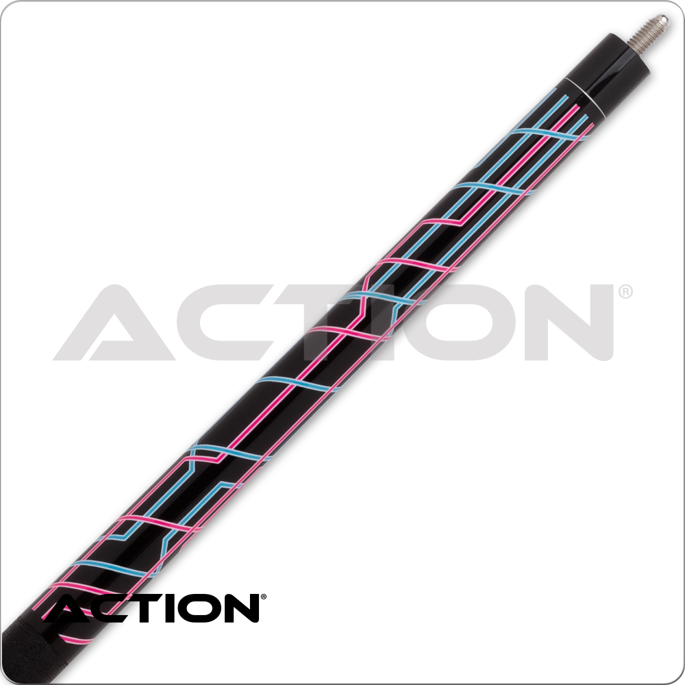 Pool cue with black and pink design on a white background, featuring the Action brand.