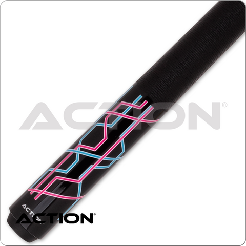 Black pool cue with pink and blue design on a white background, featuring the Action brand.