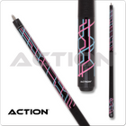 Black pool cue with pink and blue geometric pattern, featuring the Action brand.