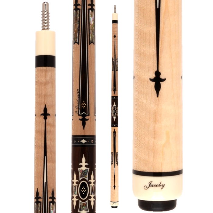 Wooden pool cue with decorative design and 'Jacoby' branding on a white background
