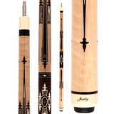Wooden pool cue with decorative design and 'Jacoby' branding on a white background