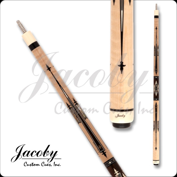 Pool cue with decorative design on a white background, featuring the brand 'Jacoby Custom Cues, Inc.'
