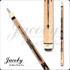 Pool cue with decorative design on a white background, featuring the brand 'Jacoby Custom Cues, Inc.'