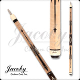 Pool cue with decorative design on a white background, featuring the brand 'Jacoby Custom Cues, Inc.'