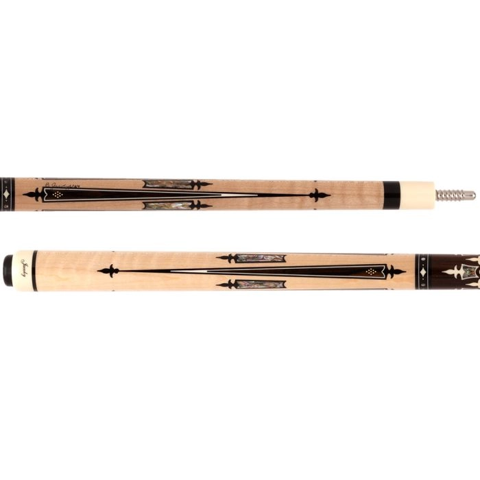 Pool cue with black and gold design on a white background