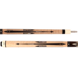 Pool cue with black and gold design on a white background