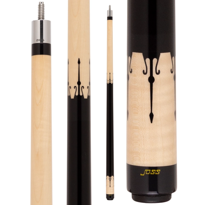 Pool cue with black and beige design, featuring the brand 'JOSS'.