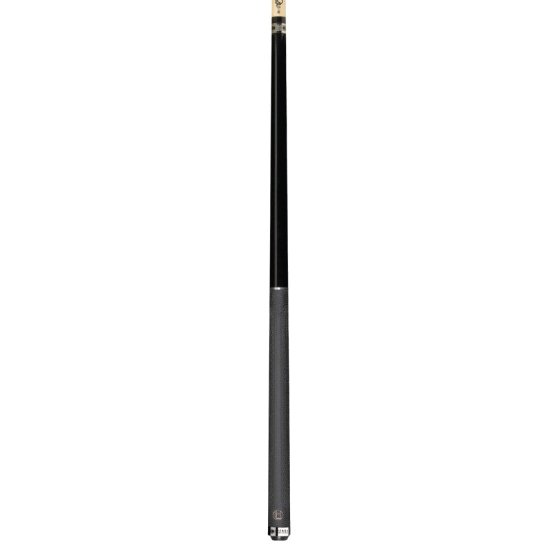 A Lucasi Hybrid® LHT88 black and gray pool cue with low deflection shaft stands upright.