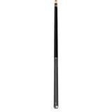 A Lucasi Hybrid® LHT88 black and gray pool cue with low deflection shaft stands upright.
