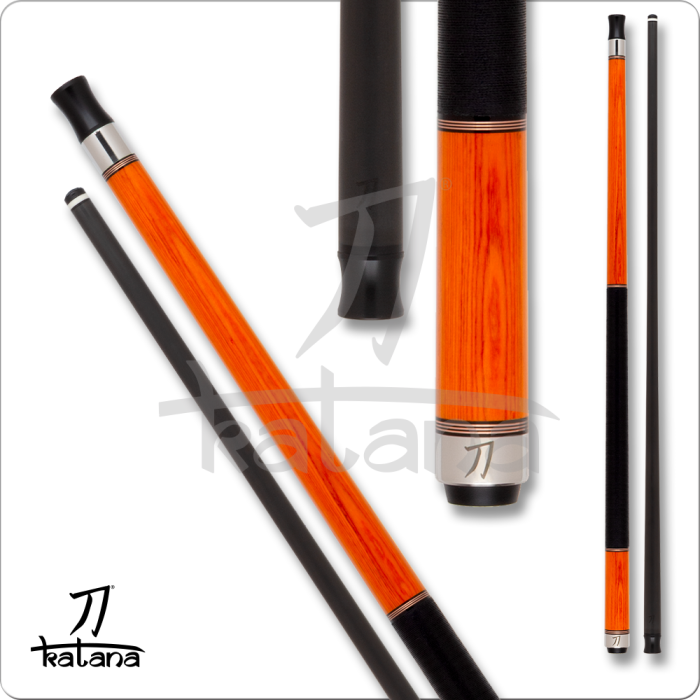 Orange and black pool cue with 'Katana' branding on a white background