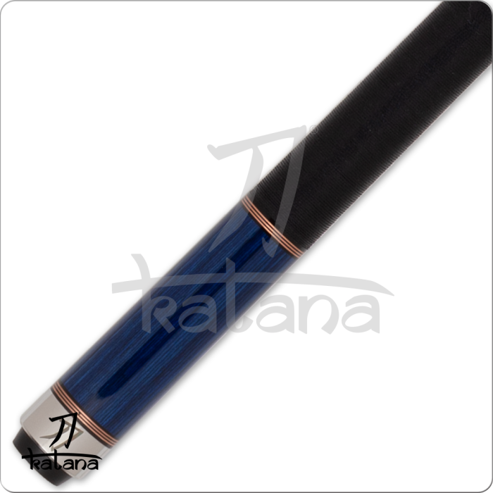 Blue and black Katana pool cue on a white background