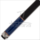 Blue and black Katana pool cue on a white background