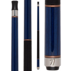 Blue and black pool cue with a brand logo on a white background