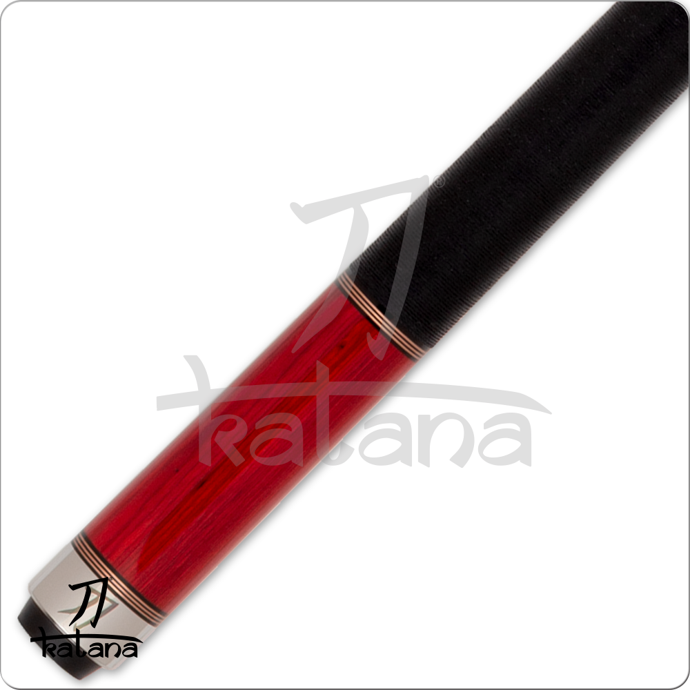 Red and black pool cue with Katana' branding on a white background
