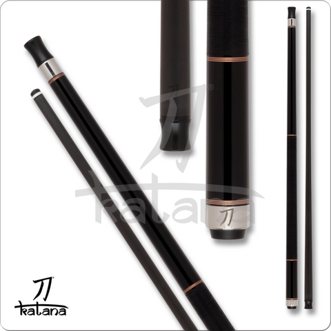 Black pool cue with silver ferrule on a white background, featuring the Katana brand.