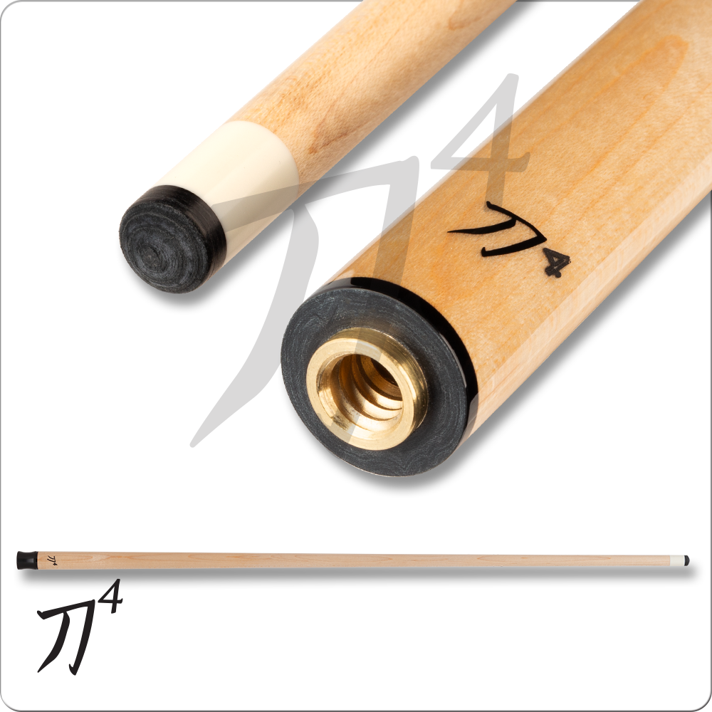 Wooden pool cue with black and gold accents on a white background