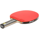 A table tennis paddle with a bright red rubber blade, a black and silver wooden handle, and a black grip end cap, shown on a plain white background.