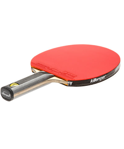 A table tennis paddle with a bright red rubber blade, a black and silver wooden handle, and a black grip end cap, shown on a plain white background.