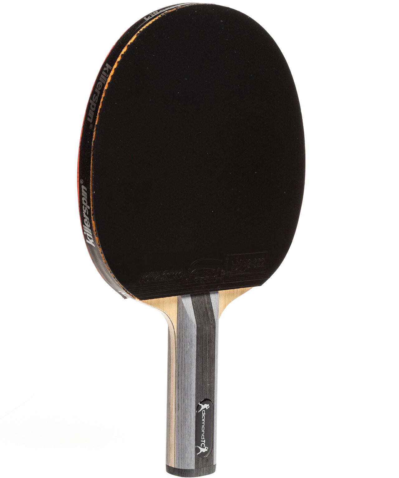 Table tennis paddle with black rubber and wooden handle on a white background