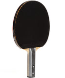 Table tennis paddle with black rubber and wooden handle on a white background