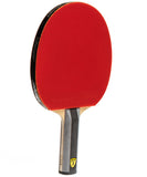 Red ping pong paddle with a black handle on a white background